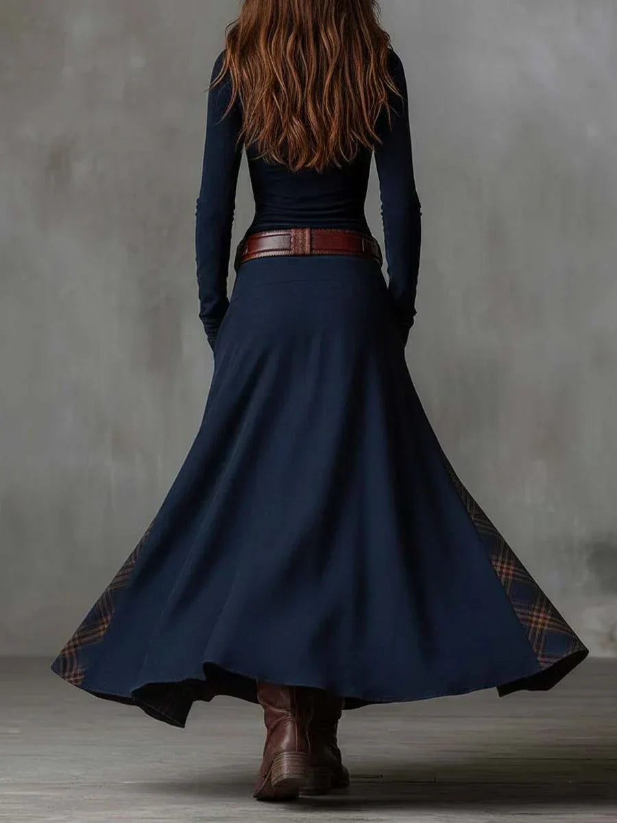 Navy back view vintage maxi dress with fitted bodice, flared skirt, button details
