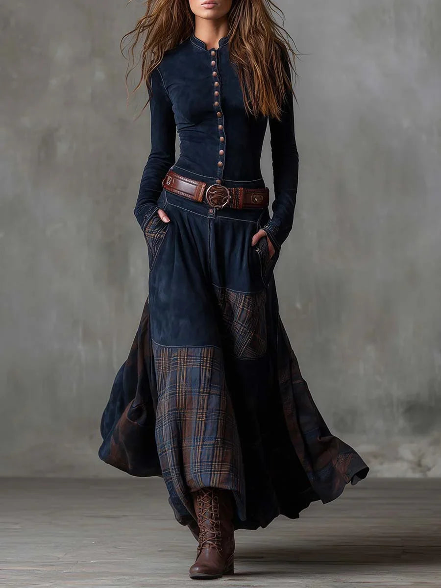 Dark navy vintage maxi dress with long sleeves, button front, plaid patchwork, belt