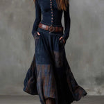 Dark navy vintage maxi dress with long sleeves, button front, plaid patchwork, belt