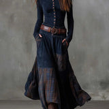 Dark navy vintage maxi dress with long sleeves, button front, plaid patchwork, belt