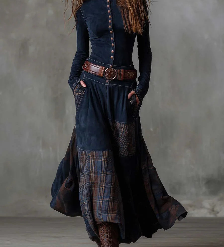 Dark navy vintage maxi dress with long sleeves, button front, plaid patchwork, belt
