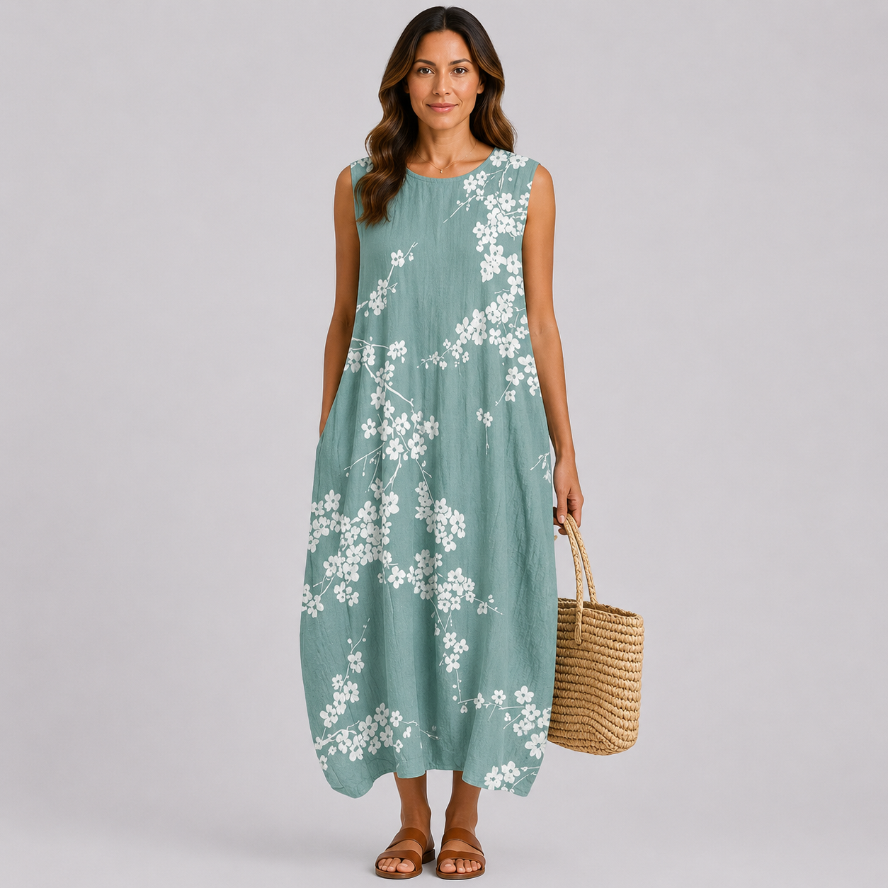 Sleeveless teal maxi dress with white floral print, round neckline, flowy fit