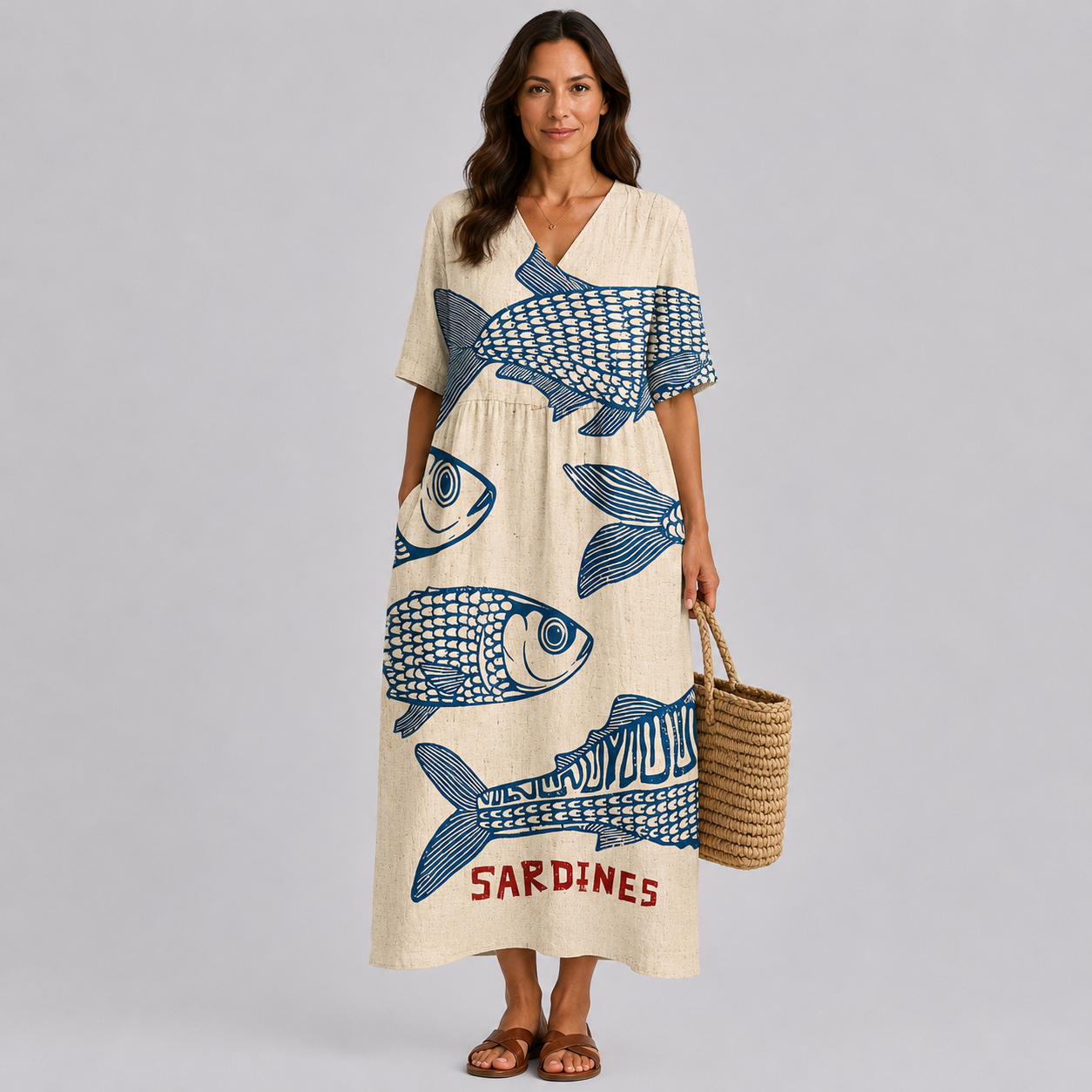 Cream summer dress with blue fish print, V-neck and short sleeves, midi length