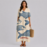 Cream summer dress with blue fish print, V-neck and short sleeves, midi length