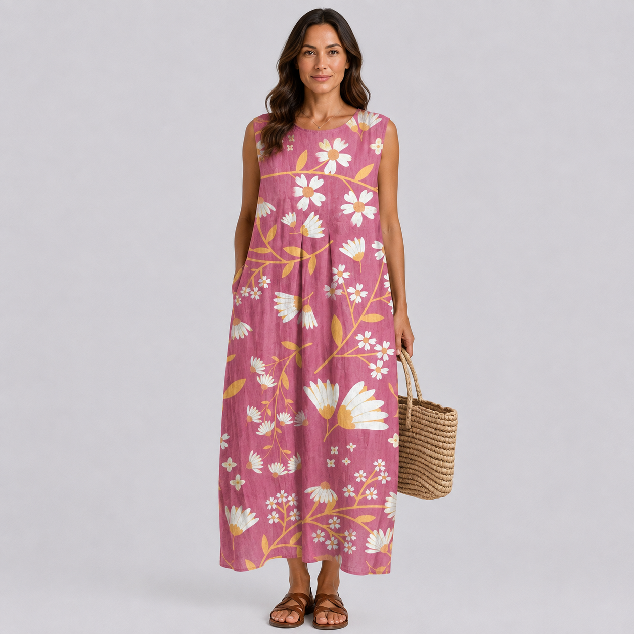 Sleeveless floral maxi dress in purple with white and yellow daisy-like blooms