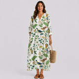 White floral bird-print summer dress, V-neck, long sleeves, midi length