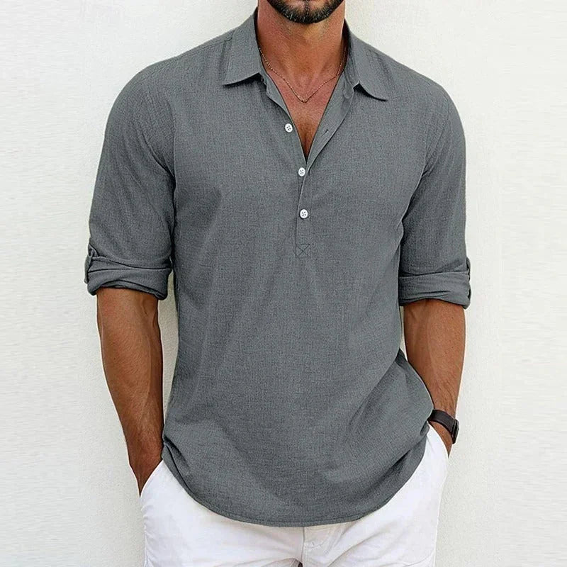 Men's gray linen button-up shirt with short sleeves and open collar