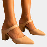 Tan back-strap heels with ankle strap and block heel