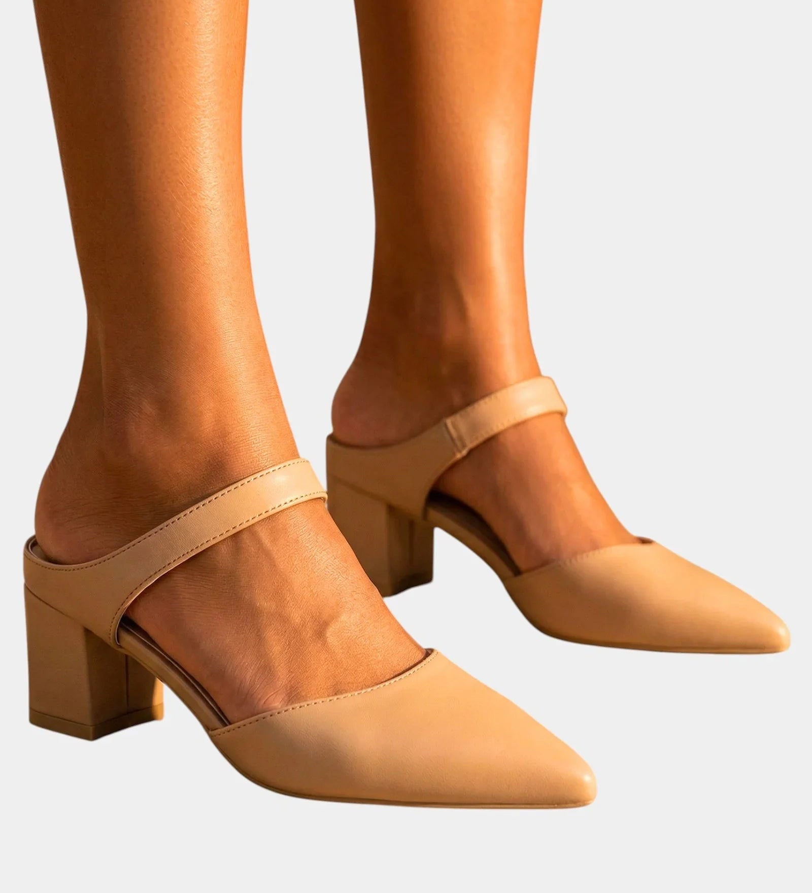 Tan back-strap heels with ankle strap and block heel