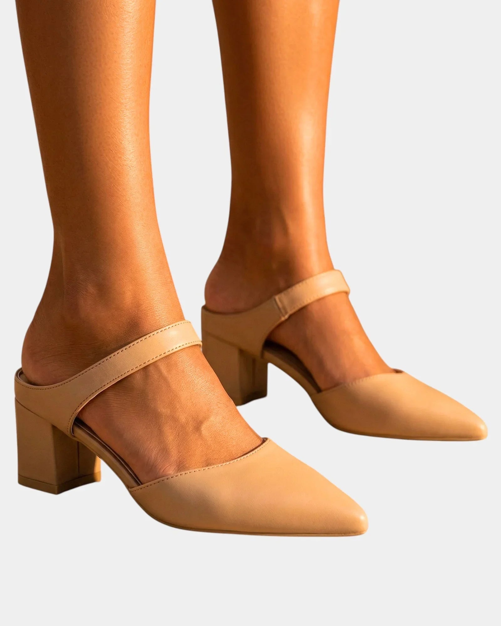 Tan back-strap heels with ankle strap and block heel