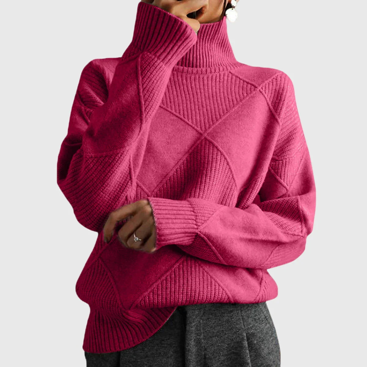 Lauren high-neck pullover sweater, ribbed cuffs and hem, magenta knit with diamond pattern