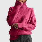 Lauren high-neck pullover sweater, ribbed cuffs and hem, magenta knit with diamond pattern