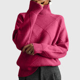 Lauren high-neck pullover sweater, ribbed cuffs and hem, magenta knit with diamond pattern