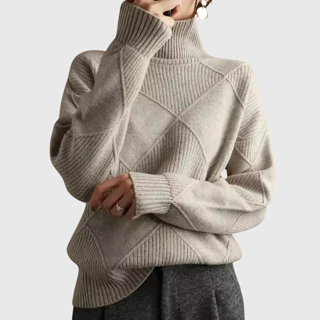 Lauren high-neck pullover sweater, ribbed high neck and cuffs, heather gray knit diamond pattern