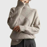 Lauren high-neck pullover sweater, ribbed high neck and cuffs, heather gray knit diamond pattern