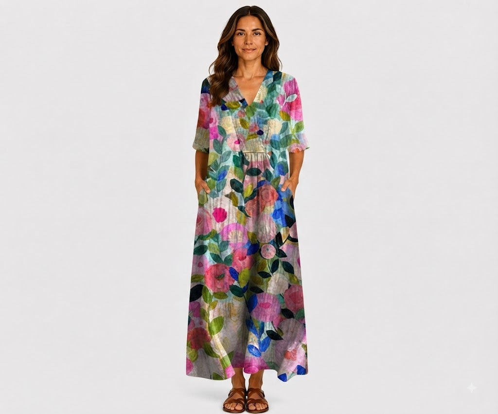Floral print summer maxi dress with V-neck and short sleeves