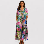 Floral print summer maxi dress with V-neck and short sleeves