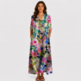 Floral print summer maxi dress with V-neck and short sleeves