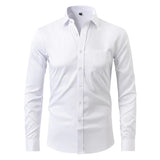 White long-sleeve button-up shirt with spread collar and centered button placket