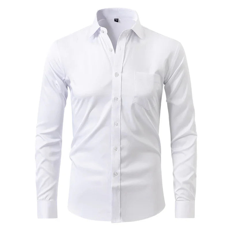 White long-sleeve button-up shirt with spread collar and centered button placket