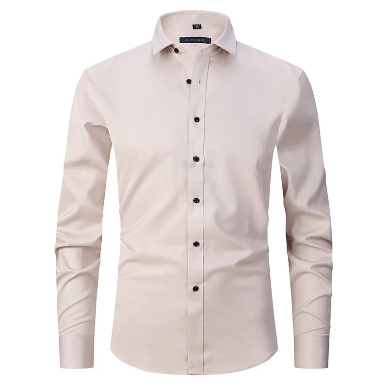 Cream anti-wrinkle dress shirt with long sleeves, button-down front, and spread collar
