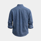 Denim-blue casual button-up shirt, back view