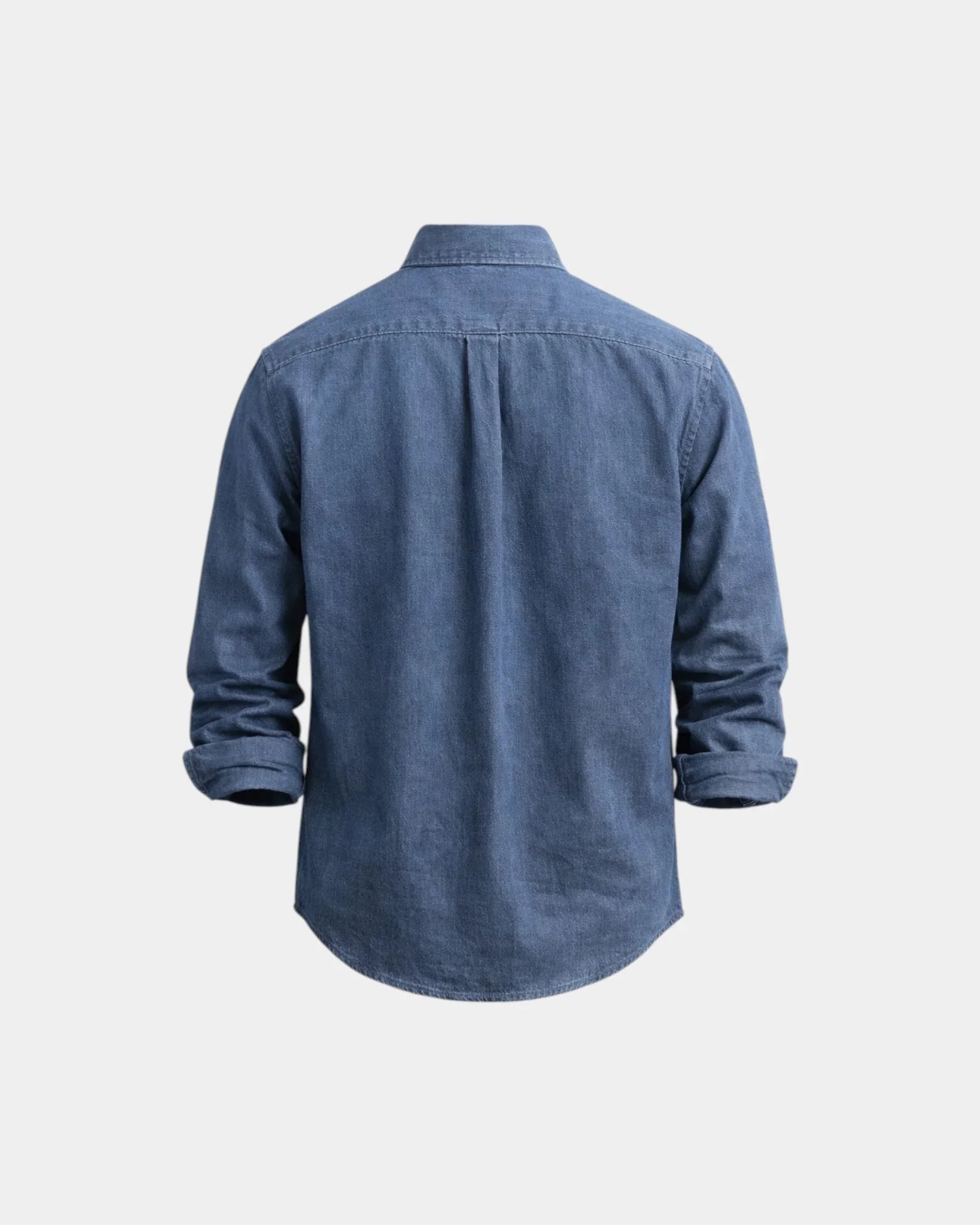 Denim-blue casual button-up shirt, back view