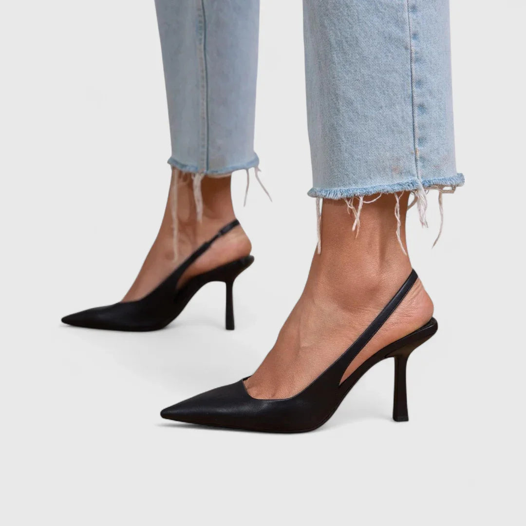 Black pointed-toe heeled slingback with low block heel