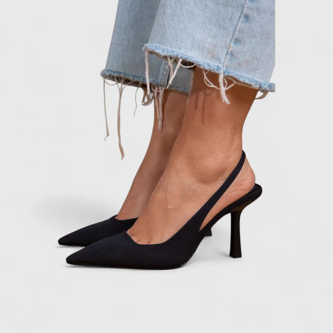 Black pointed-toe heeled slingback with low block heel