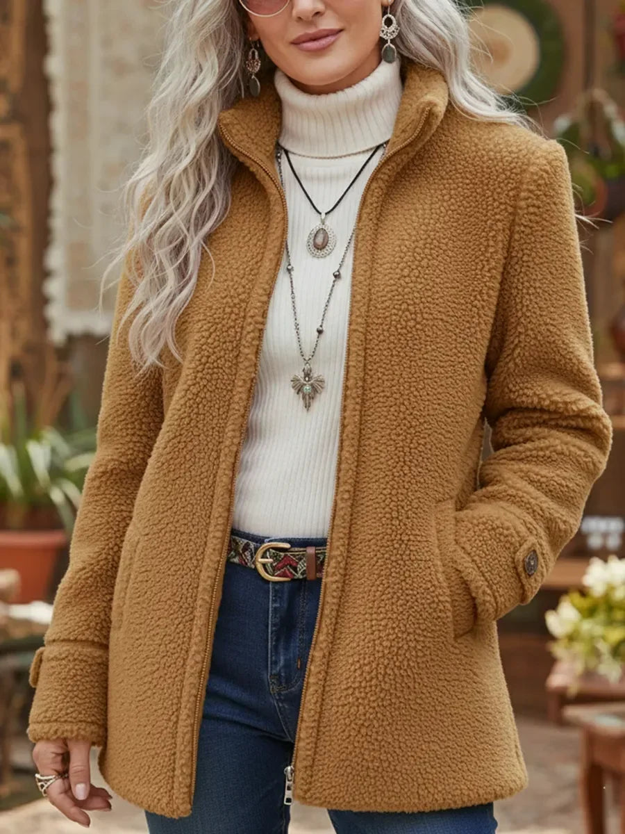 Khaki soft mid-length textured coat with zip front and long sleeves