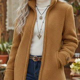 Khaki soft mid-length textured coat with zip front and long sleeves