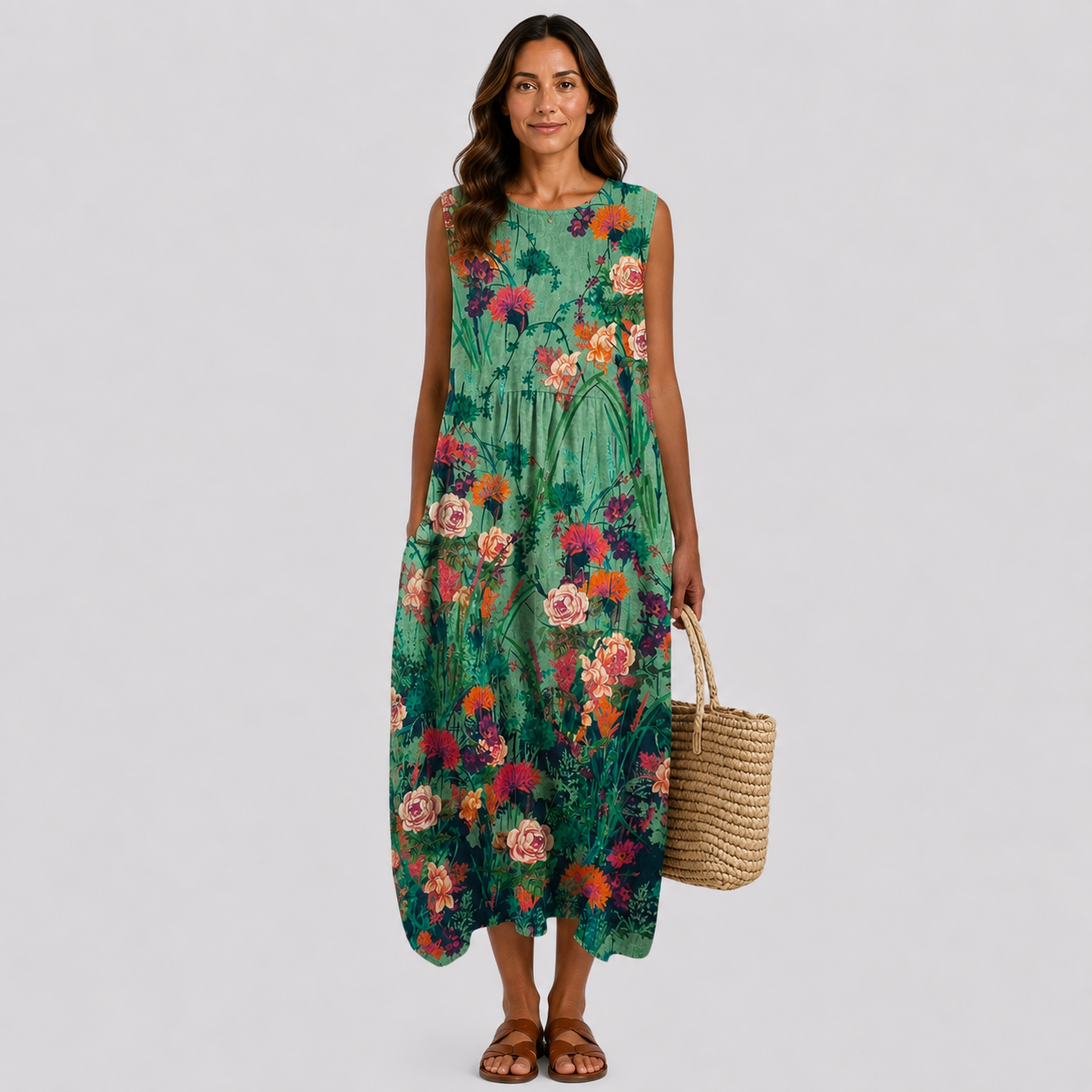 Teal sleeveless midi dress with colorful floral print and gathered waist