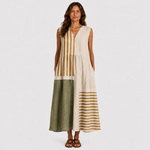 Sleeveless linen midi dress with V-neck, vertical stripe top and color-blocked hem panels