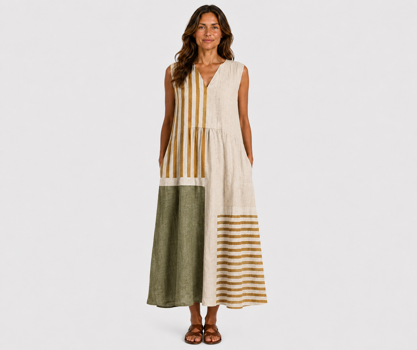 Sleeveless linen midi dress with V-neck, vertical stripe top and color-blocked hem panels
