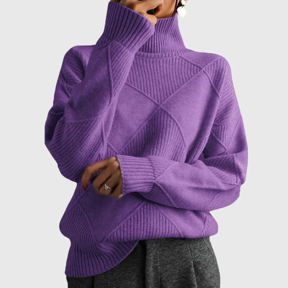 Lauren high-neck pullover sweater, ribbed cuffs and hem, purple knit with diamond pattern