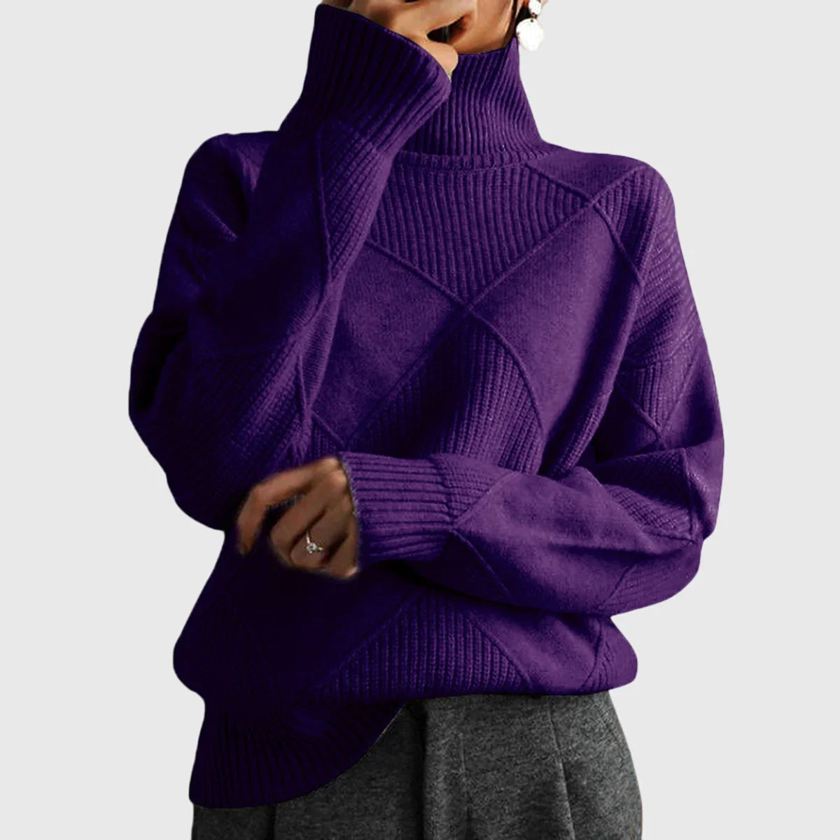 Lauren high-neck pullover sweater, purple knit with crossed diamond design and ribbed cuffs