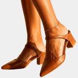 Brown back-strap heels with ankle strap, buckle, and block heel