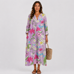 Floral summer dress with V-neck and three-quarter sleeves, long loose fit
