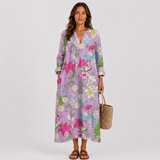 Floral summer dress with V-neck and three-quarter sleeves, long loose fit