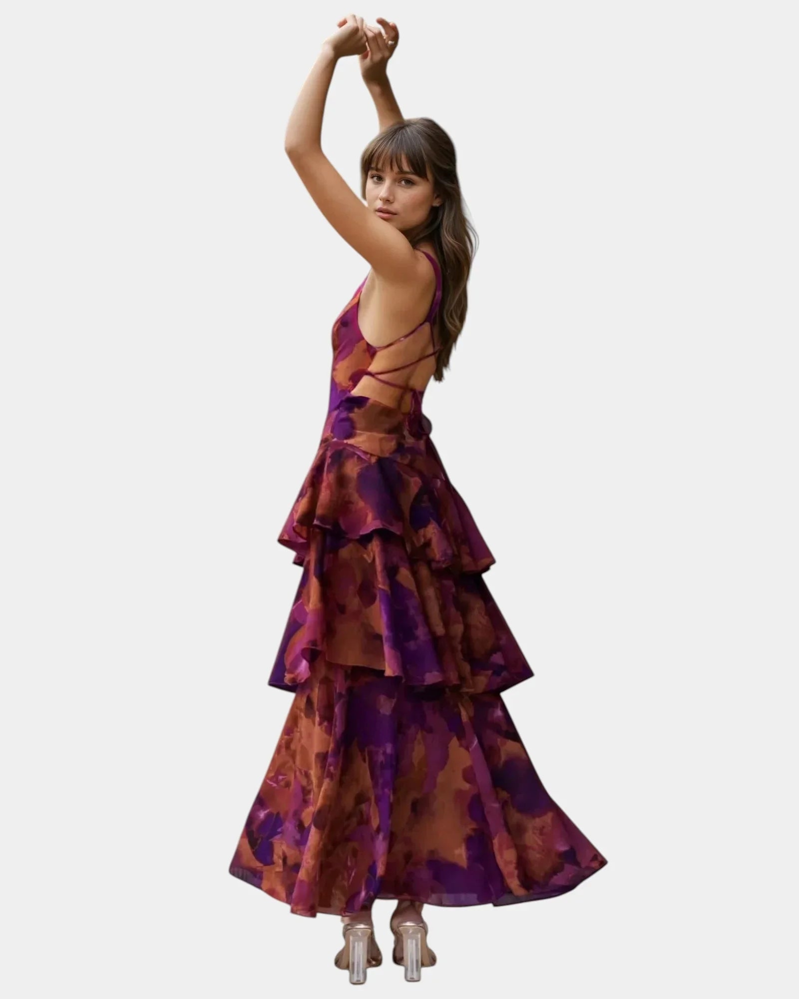 Purple and rust abstract print tiered maxi dress, side view with flounced hem