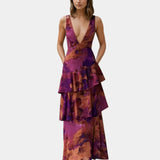 Purple and rust abstract print tiered V-neck maxi dress with ruffled layers