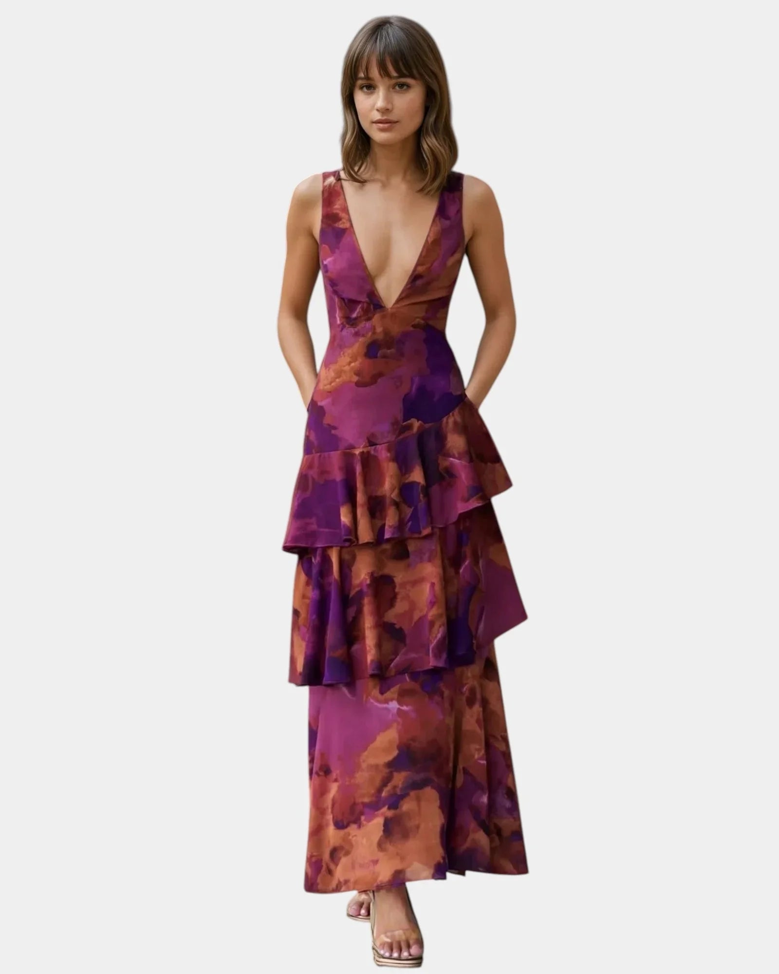 Purple and rust abstract print tiered V-neck maxi dress with ruffled layers