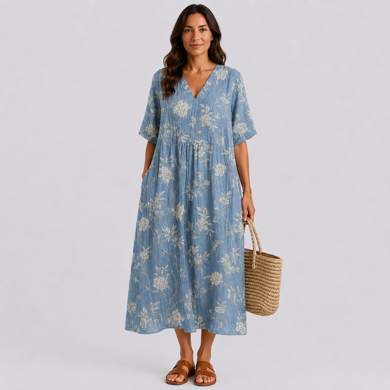 Blue floral V-neck short-sleeve midi summer dress with gathered waist, relaxed fit