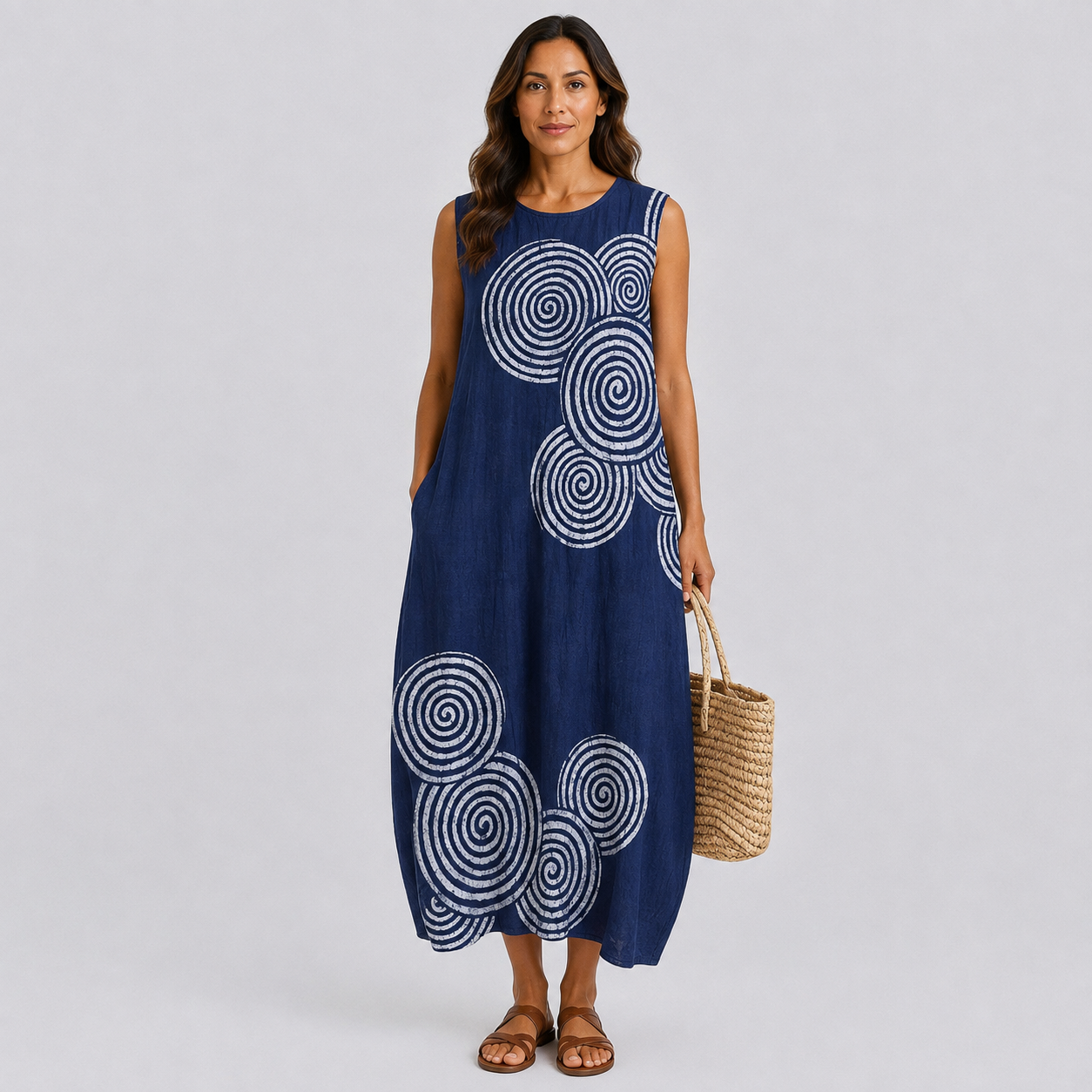 Sleeveless summer dress in dark blue with white spiral pattern, loose maxi length