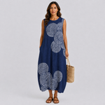 Sleeveless summer dress in dark blue with white spiral pattern, loose maxi length