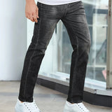 Black casual stretch jeans with straight legs, five pockets, and belt loops