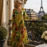 Célinie light floral dress with V-neck, long sleeves, and high-low hem