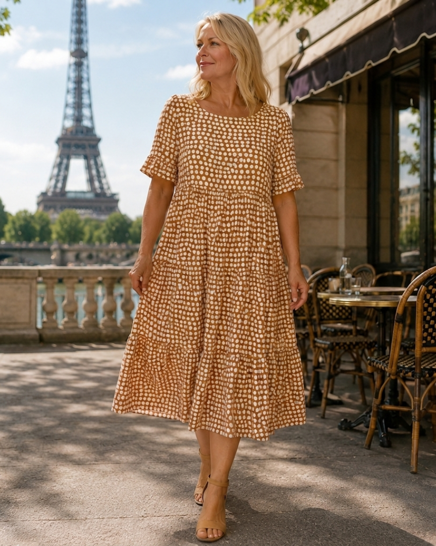 Brown polka dot midi dress with short sleeves and gathered waist