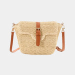 Beige knitted style crossbody bag with top flap and buckle clasp