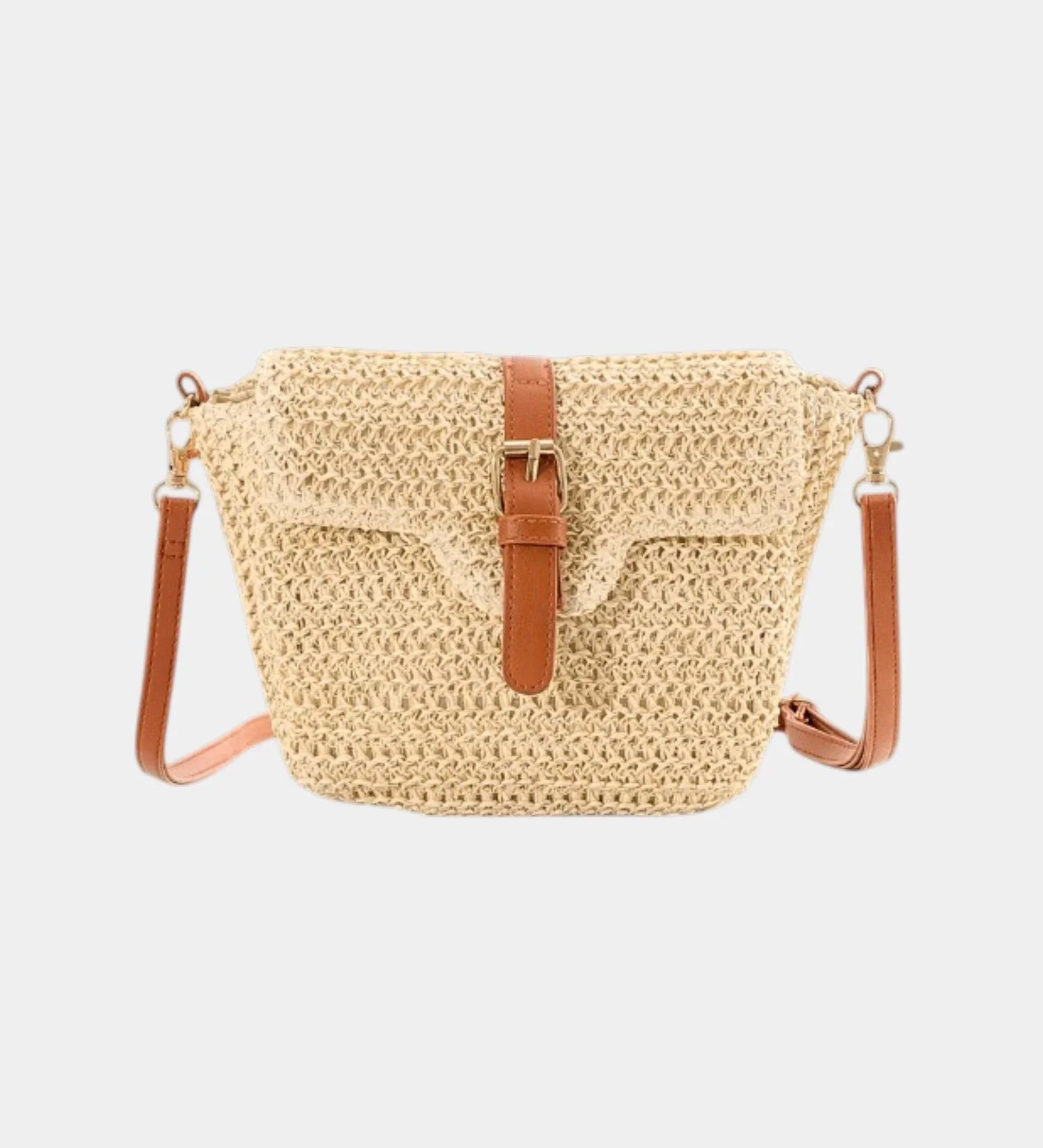 Beige knitted style crossbody bag with top flap and buckle clasp
